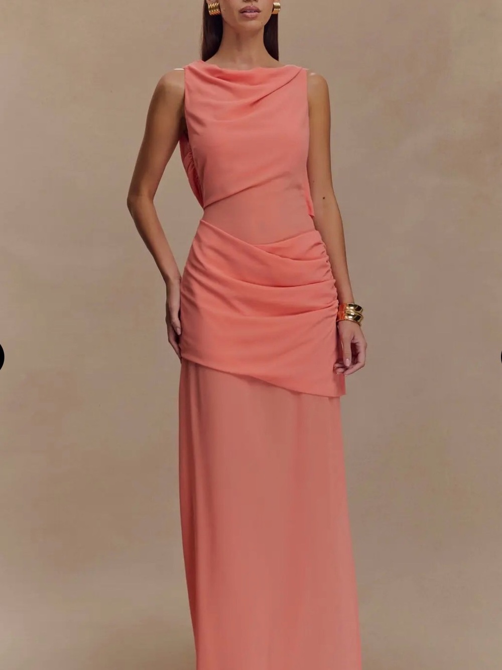 Meshki Coral Sleeveless Draped Maxi Dress